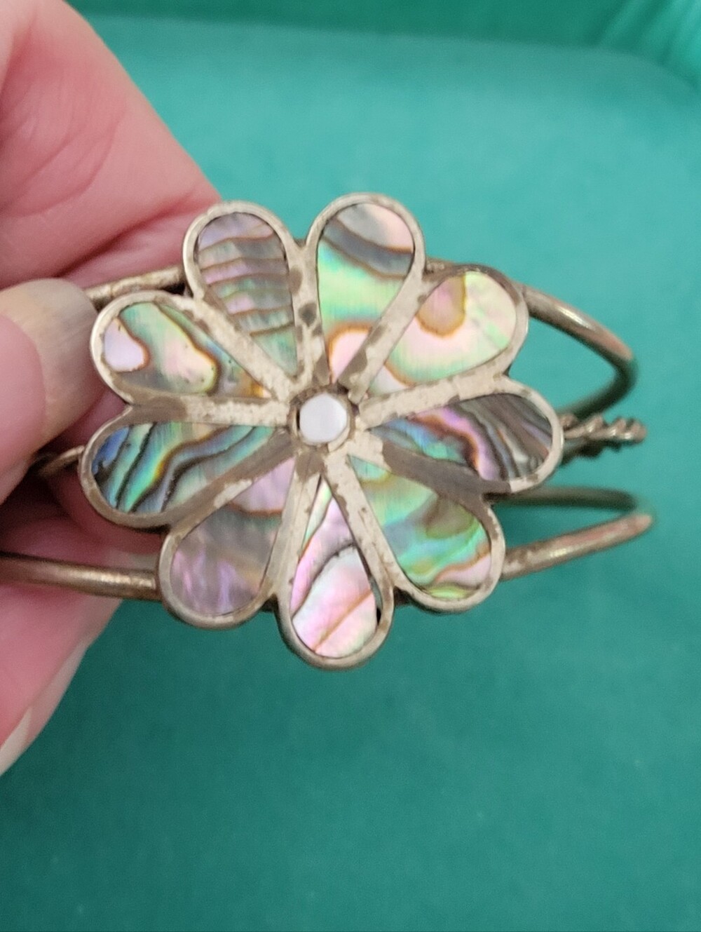 VINTAGE Abalone Shell Flower Cuff Bracelet - Iridescent